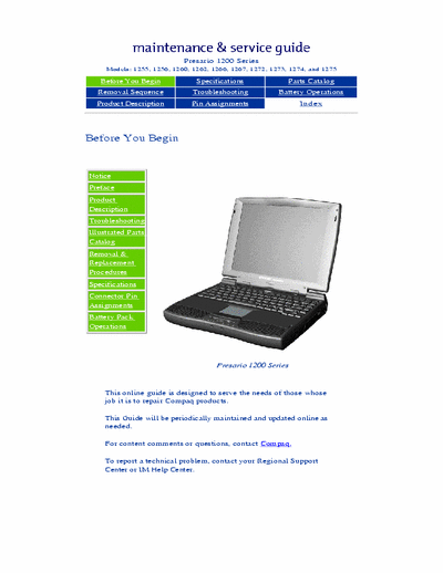 Compaq Presario 1200 Series Presario 1200 Series
Models: 1255, 1256, 1260, 1262, 1266, 1267, 1272, 1273, 1274, and 1275 Maintenance and Service Guide